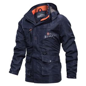 Cross-border AliExpress jacket men's mid-length casual outdoor hooded plus size jacket men's jacket spring and autumn (Option: Navy blue-3XL)
